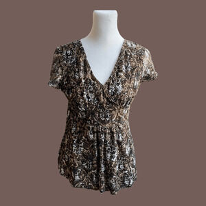 Style & Co. Mesh Peplum Top | Green Tan Abstract | Size PS | Vintage